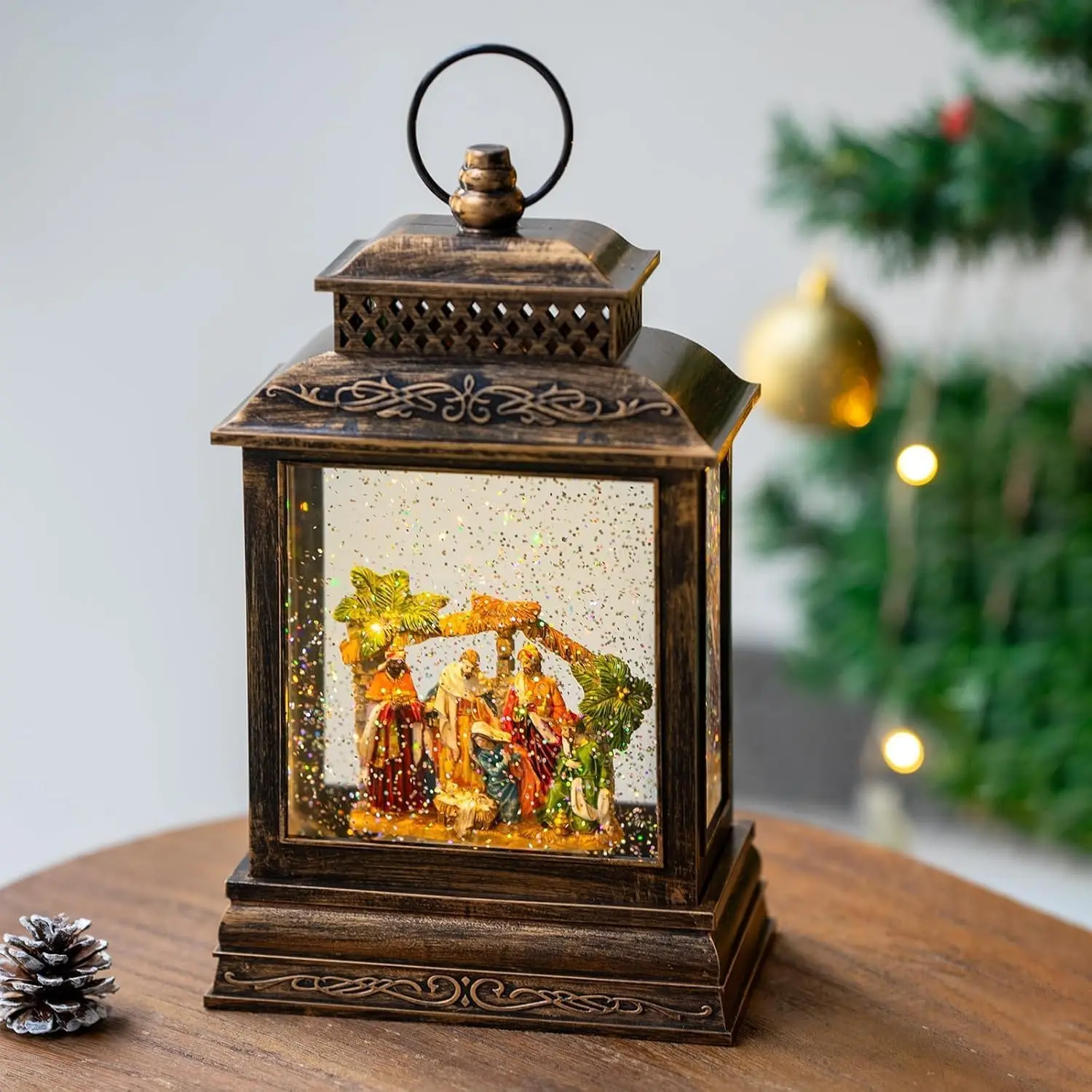 Christmas Snow Globe Lantern - Musical Water Nativity & Manger Scene with Timer, USB Port/AA Batteries Operated Lighted Lantern for Christmas Decoration, Kid Room Gifts (Home & Festive Party Supplies)