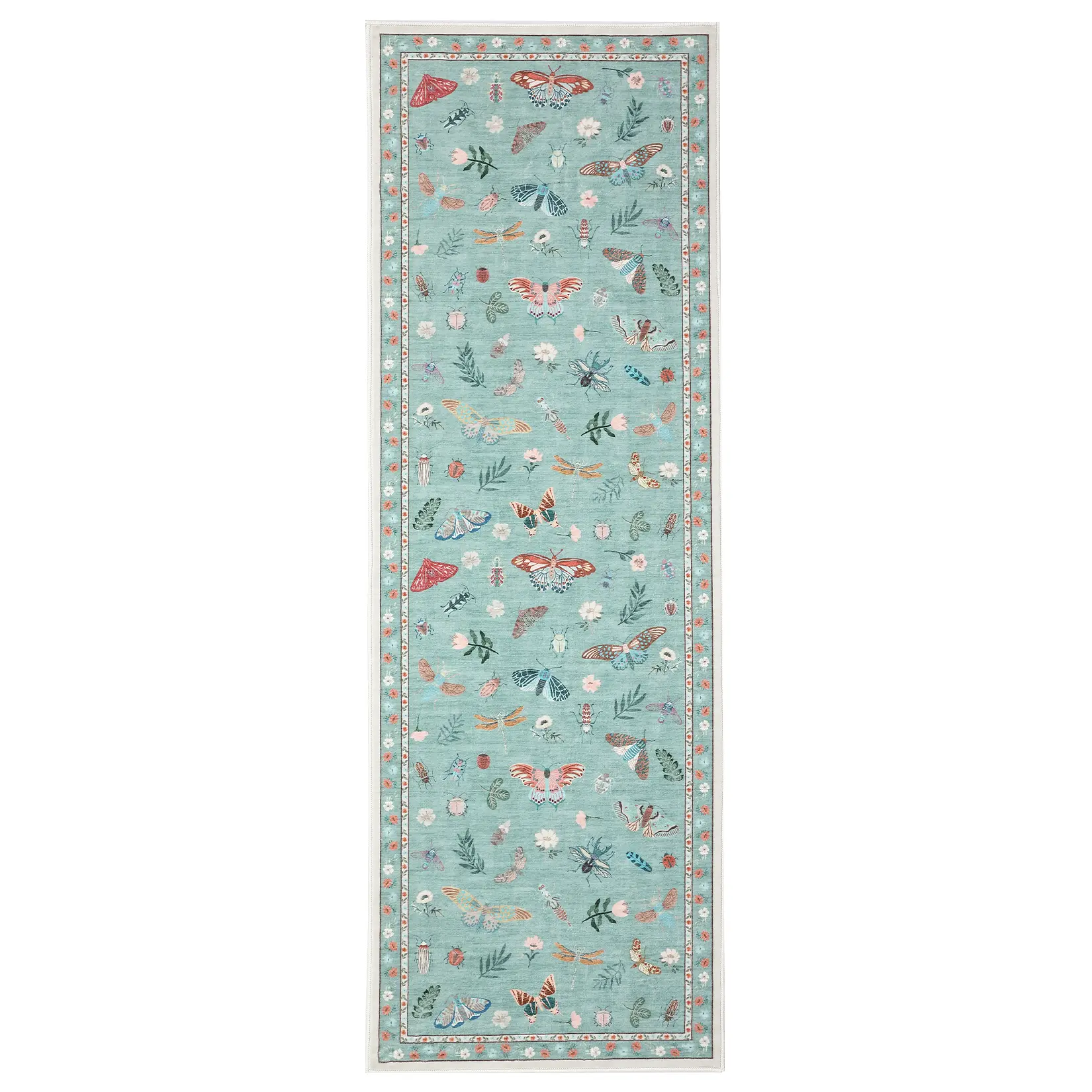 2x6 ft Modern Green Rectangular Polyester Runner Rug - High Traffic, Nature-Inspired Insect Motif, Machine Washable, Playful Look, Kids-Safe, Non-Slippery for Hallway & Entryway Use, Kids-Safe Area Rugs, Non-Slippery Area Rugs