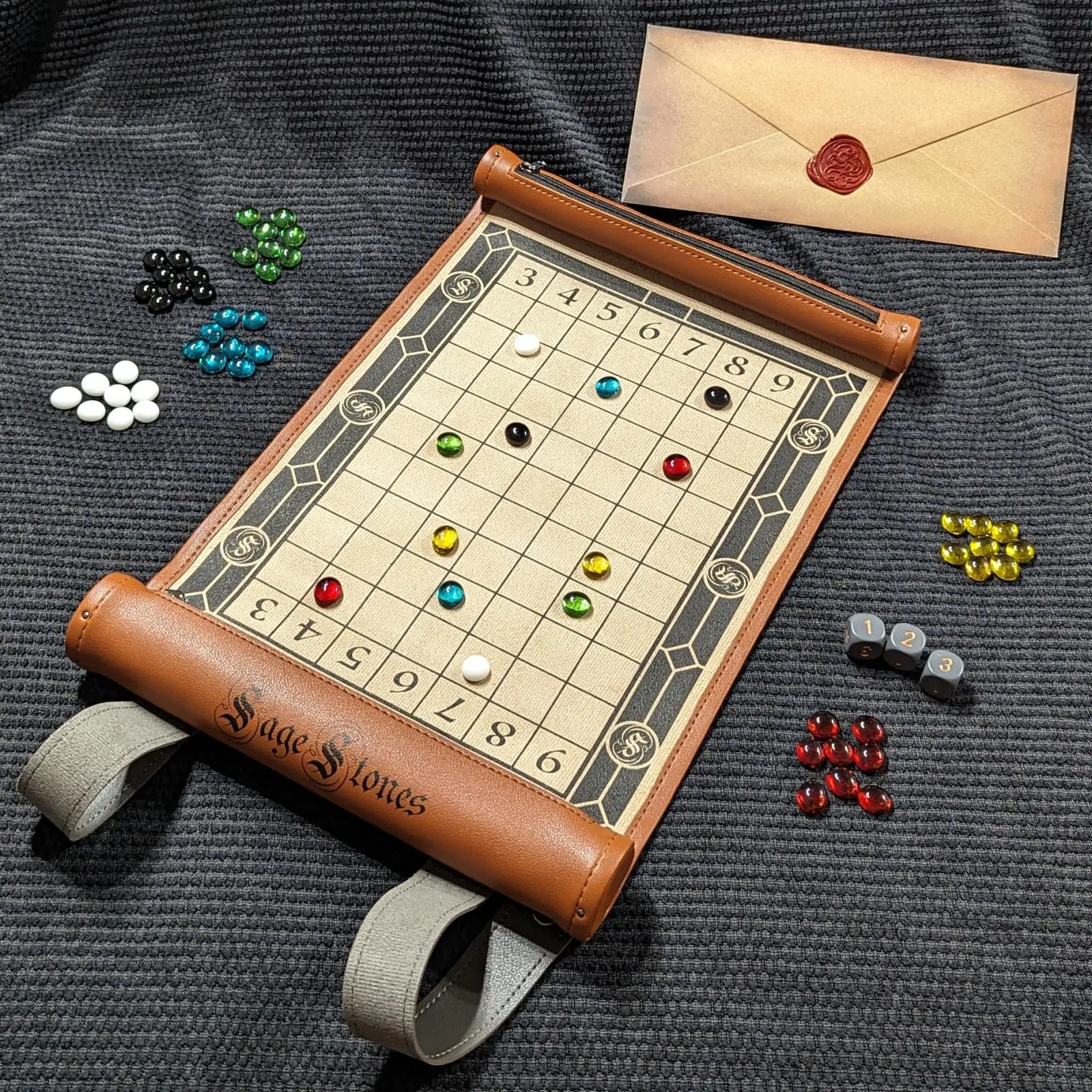 TNT Laser Works Sage Stones Strategic Dice Game for 2-6 Players Leather Roll Up Scroll Brown Faux Leather Gaming Board with Zipper Pockets Multiplayer Strategy Game
