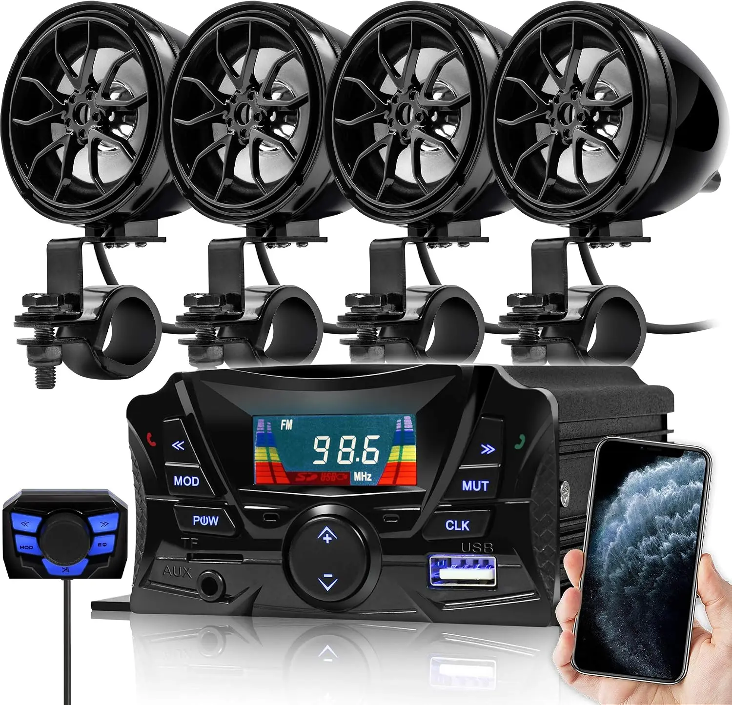 GoHawk Motorcycle Bluetooth 4 Speakers Waterproof Motorcycle Radio System | 180W Peak Power, Remote control, Bluetooth AUX USB SD   Audio Card  FM Radio, Fits 7/8"–1-1/4" bar for Motorcycle ATV 12 Volt Vehicles