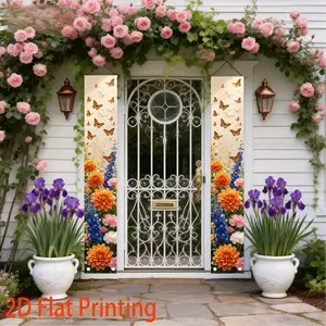 Warm Tone Dahlia Butterfly Theme Vertical Couplets, Background Wall Art, Living Room/bedroom/spring Party/wedding Decor, 2D Flat Hanging Curtain