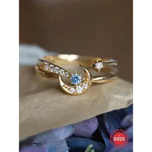 925 Sterling Silver Fashion Chic Star & Moon Design Cuff Ring, Artificial Zircon Decor Ring, Elegant Jewelry for Women, Gift for Girlfriend