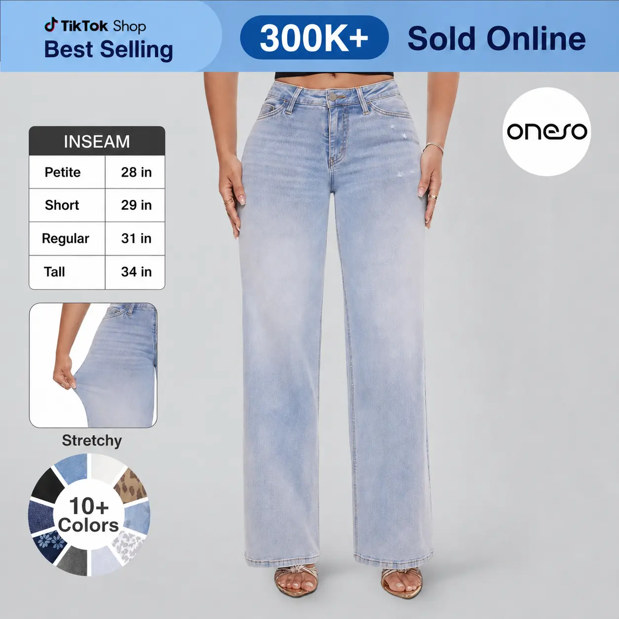 【4 Lengths】Magic ONESO Mid-low Rise Baggy BBL Jeans Stretchy Wide Leg Tummy Control Plus Size Regular Size