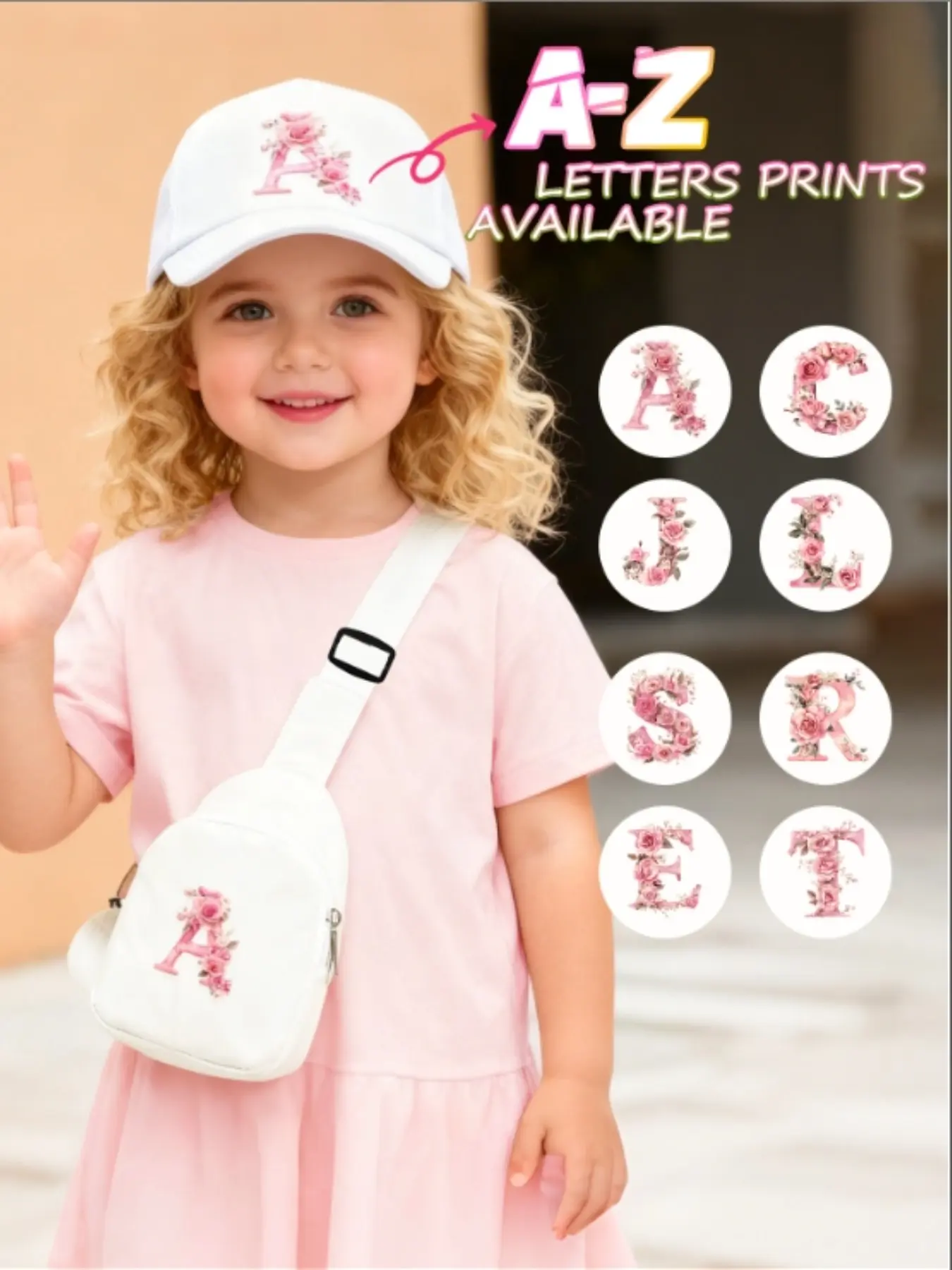 2pcs Girls' White Trucker Hat & Waist Bag Set with 26-Letter & Pink Rose Print, Stylish Trendy Unique Sweet Lightweight Sun-Shading, Perfect As Birthday/Holiday Gift for Spring/Summer Outdoor Activities, Hiking, School & Play