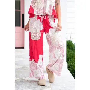 POL Floral Patch Elastic Waist Wide Leg Pants