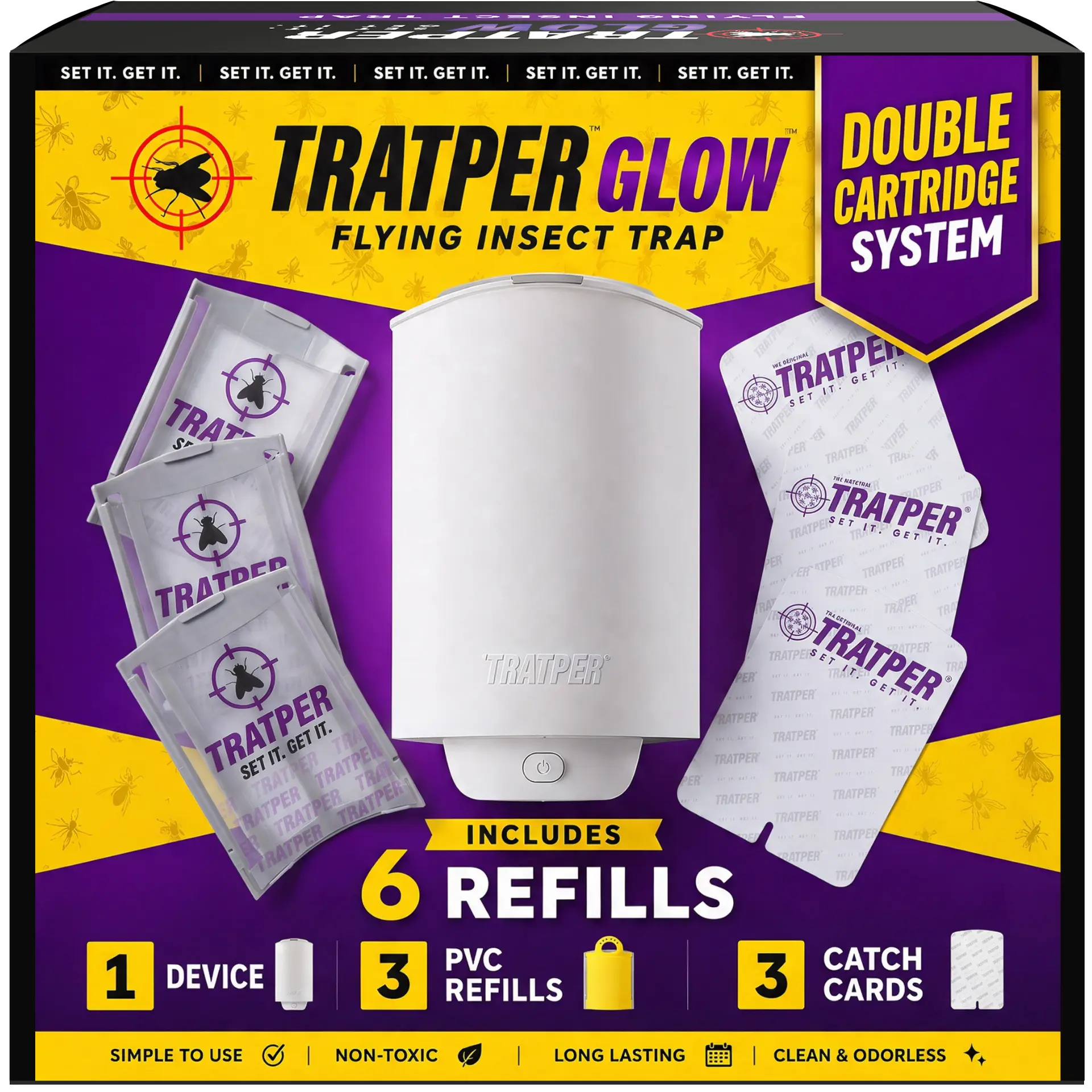 TRATPER Glow Plug-in Indoor Insect Trap - Chemical-Free, No Sprays, 2 Catching Surfaces, Device + Refills for Fruit Flies, Gnats, House Flies (Residential Pest Control Home Supply)