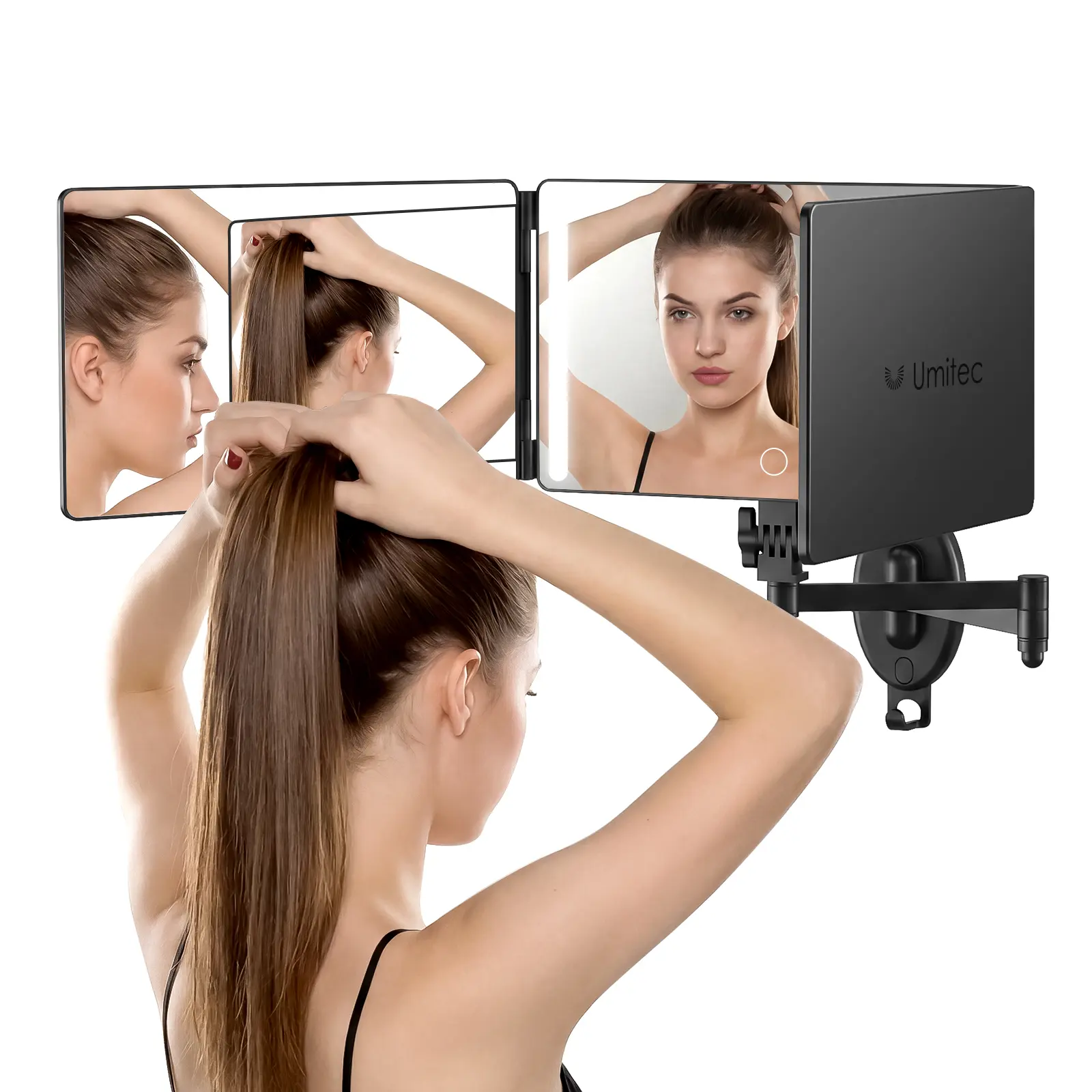 Umitec Medium Size Wall-Mounted 3-Way Trifold Mirror with Adjustable LED Light & 360° View, Vanity Organization Solution for Hair & Make-Up, Father's Day/Valentine's Day Gift Idea, Grooming, Daily Use