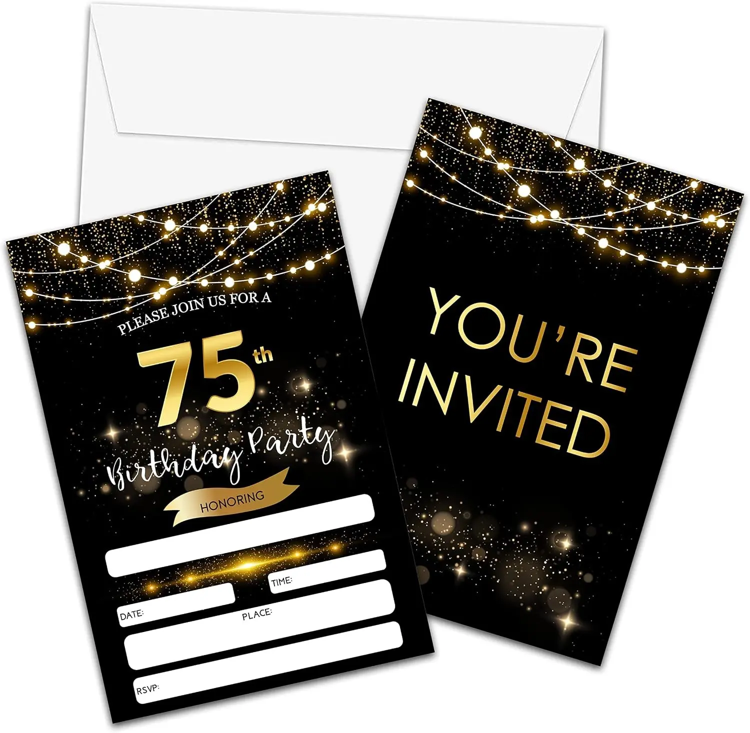 75th Birthday Invitations with Envelopes - Black Gold Glitter Fill-in Invites Cards - Surprise Birthday Party Invitation Card for Him/Her - Adults Birthday Party Favors Supplies Decorations (20 Pack)