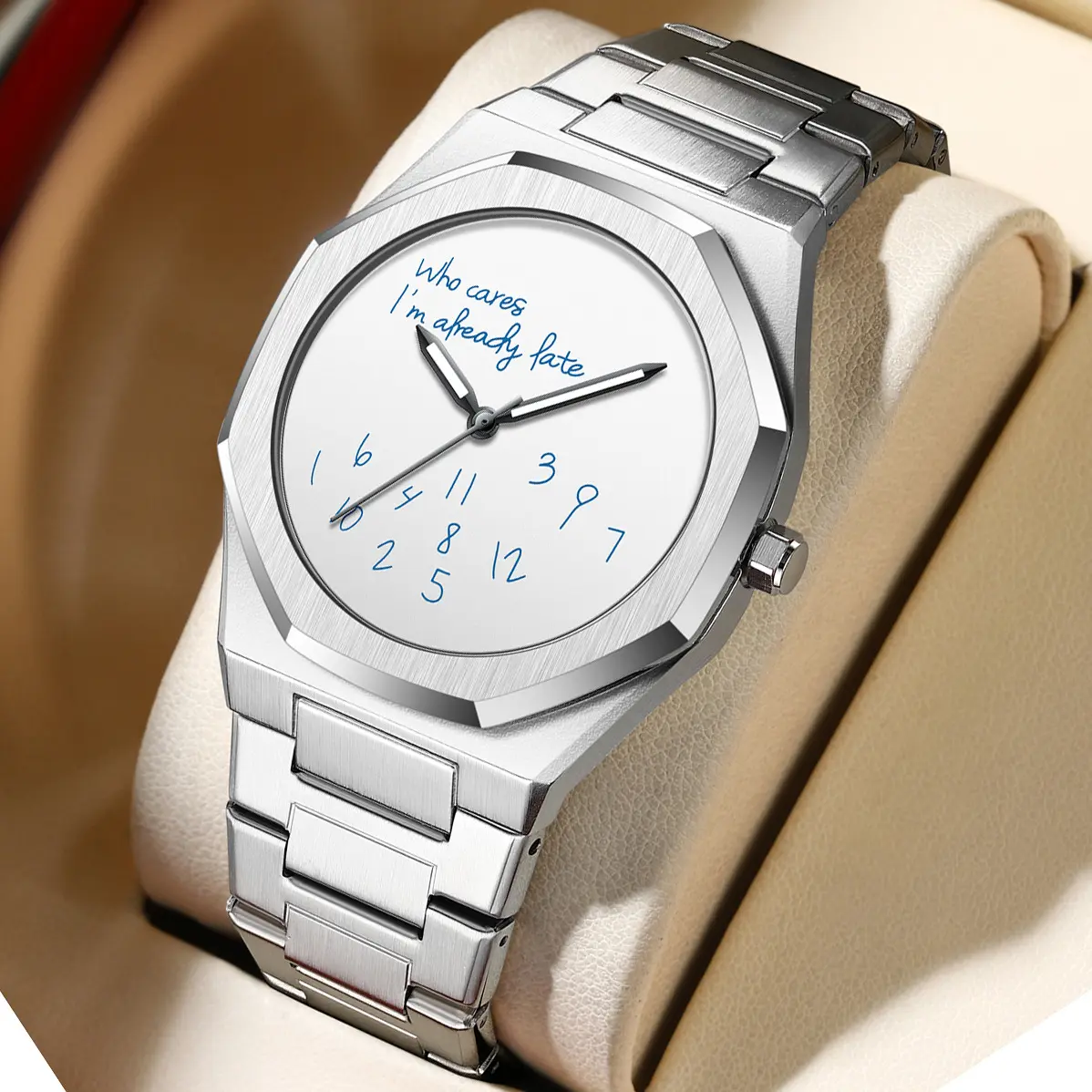 Men's Humor Quote Analog Quartz Watch - "Who Cares I'm Already Late" Design, Round Face, 40.5Mm, Minimalist Silver Stainless Steel Alloy, Irregular Dial, Casual Buckle Closure, 30M - 50M Water Resistant, Mineral Glass, TikTok Viral Casual Fashion Accessor