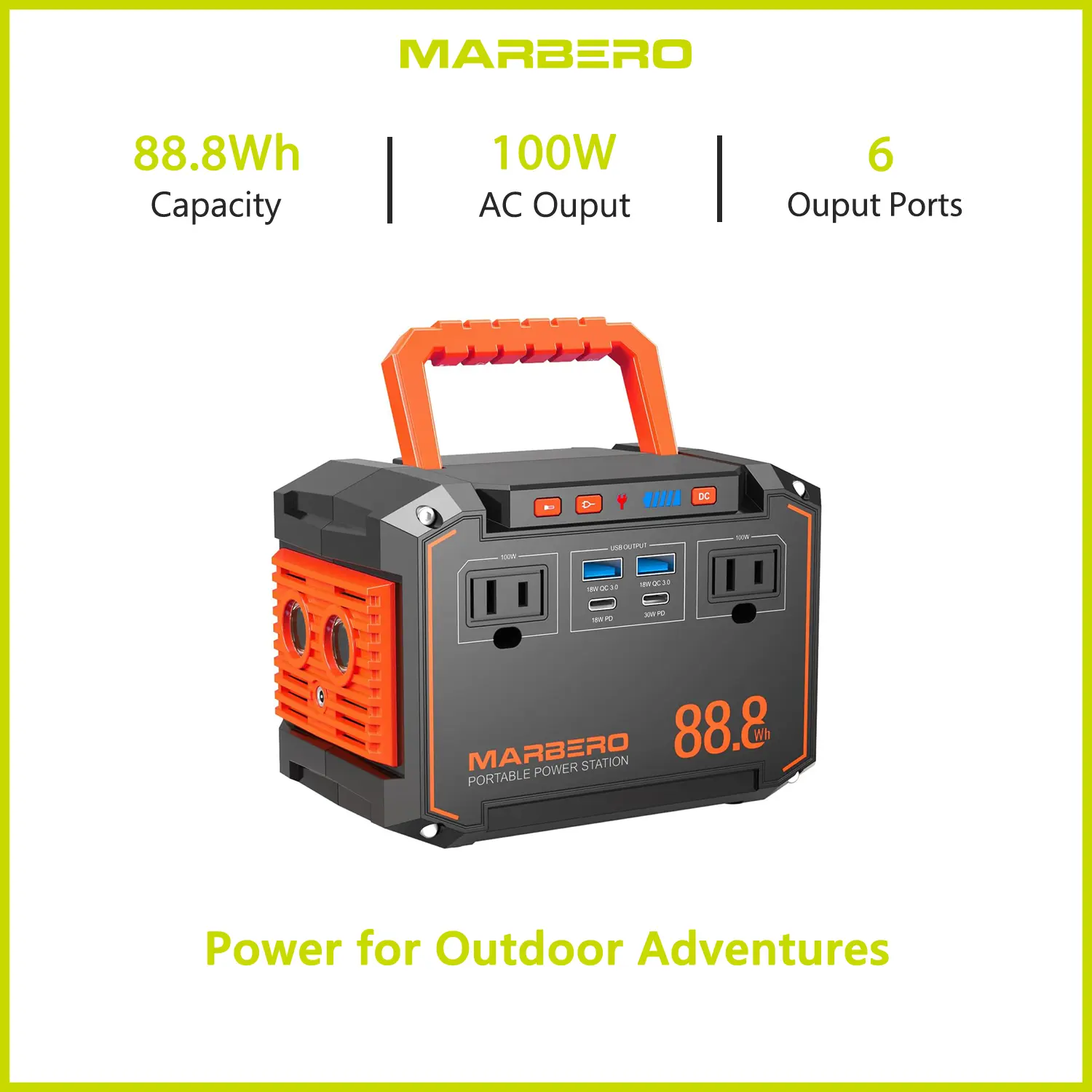 MARBERO 88.8Wh Portable Power Station with 2 x 100W AC Outlets(150W Surge) 6 Output Ports Built-in Flashlight for Camping Essentials Power Outage Outdoor Emergency Lithium Battery Powered