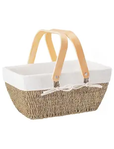 Wicker Picnic Basket for Couple, Wicker Basket with Handle, Seagrass Picnic Basket with Liner, Handwoven Organizing White