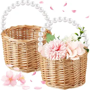 Set of 2 Wicker Rattan Flower Girl Baskets, Pearl Handle Flower Basket for Rose Petals Candy Storage, Perfect for Rustic Wedding and Home Decorations, 5.9 x 7.87 x 3.94 Inches (Without Ribbon Bow)