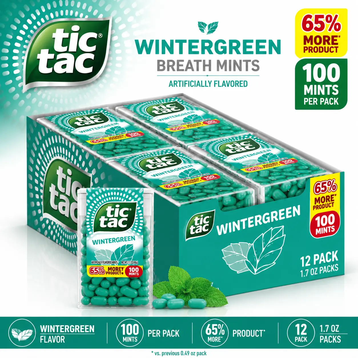 Tic Tac Wintergreen Breath Mints, 1.7oz 12-Pack Pocket-Size Fresh Breath Candy for Everyday Use