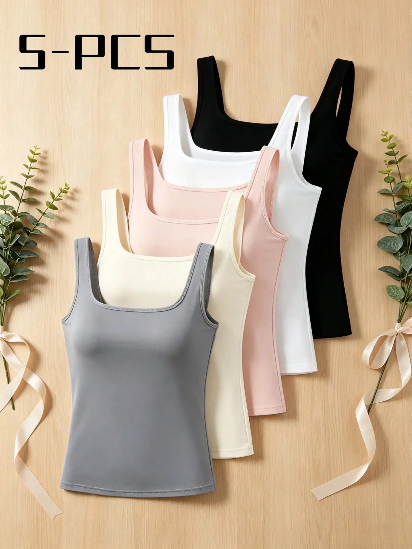 5-Pack Women's Wide Strap Tank Tops - Slim Fit, High Stretch, Basic Solid Color Camisoles, Breathable Versatile Womenswear Layering Vests for Solo Wear, Women's Clothes, Tops For Women