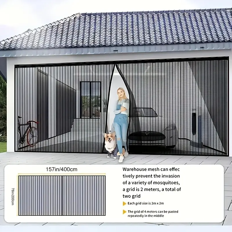 Heavy-Duty Fiberglass Garage Screen Door (157x78in) - Insect-Proof Mesh Curtain, Hands-Free Auto-Close, Wind Weight Bar, Tie Straps, No-Drilling Easy Install for Garage, Deck, Porch