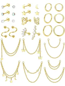 20g Cartilage Earrings Set, Hypoallergenic Cz Earrings, Stainless Steel Huggie Hoop, Earcuffs & Flatback Studs, Cz Star Moon Butterfly Dangle Jewelry for Helix Tragus