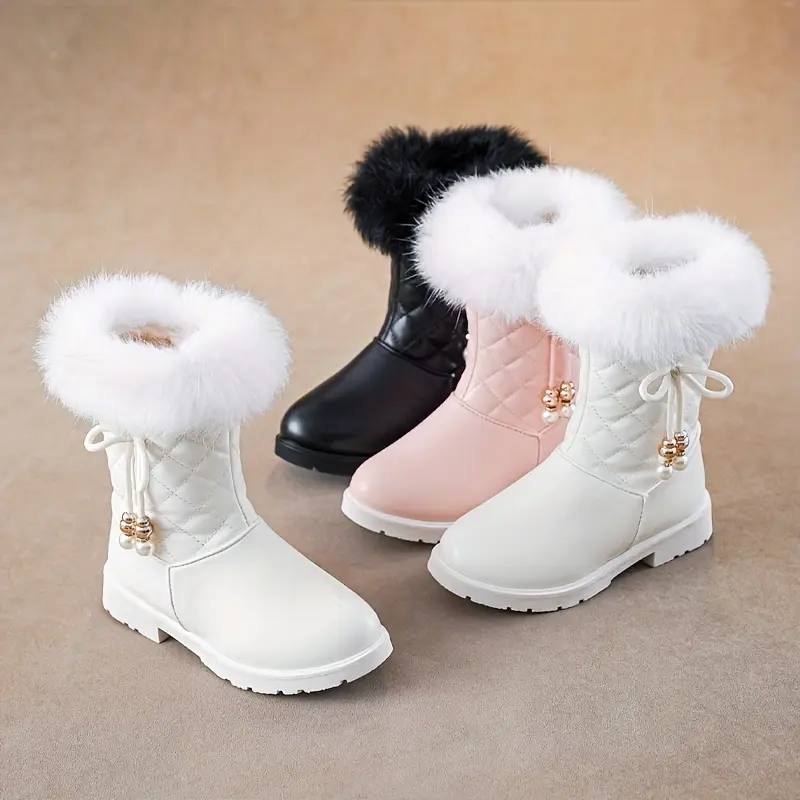 Girls' Quilted Synthetic Snow Boots with Faux Fur Trim, Warm Mid-Calf Style with Bow Detail and a Slip-Resistant Rubber Sole, Pe