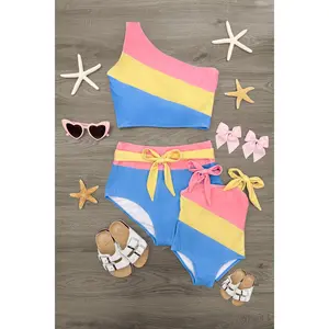 Mom & Me - Pink Yellow & Blue Striped Swimsuit