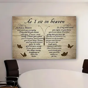 2D Flat Wooden Plaque Print with "As I Sit in Heaven" Poem, Butterfly Motif, Canvas Frame - Multi-Size Inspiration Theme Home Decor for Living Rooms, Bedrooms