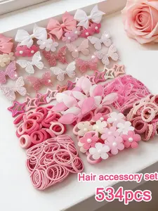 534/535pcs Little Princess Pink Collection Hair Accessories Set: includes bow hair clips, rubber bands, butterfly hairpins. Comes with storage box. For young girls, mothers, and gift-givers. Ideal for daily hairstyles, birthday gifts, and holiday surprise