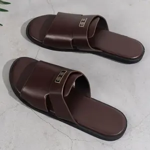 1 pair of men's fashionable sliding sandals - solid color synthetic leather upper, comfortable synthetic leather insole, round toe sole, suitable for daily outdoor useGift(Sheets)