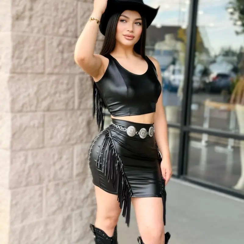 Leather Fronting Western Skirt Set with Fringe Detail