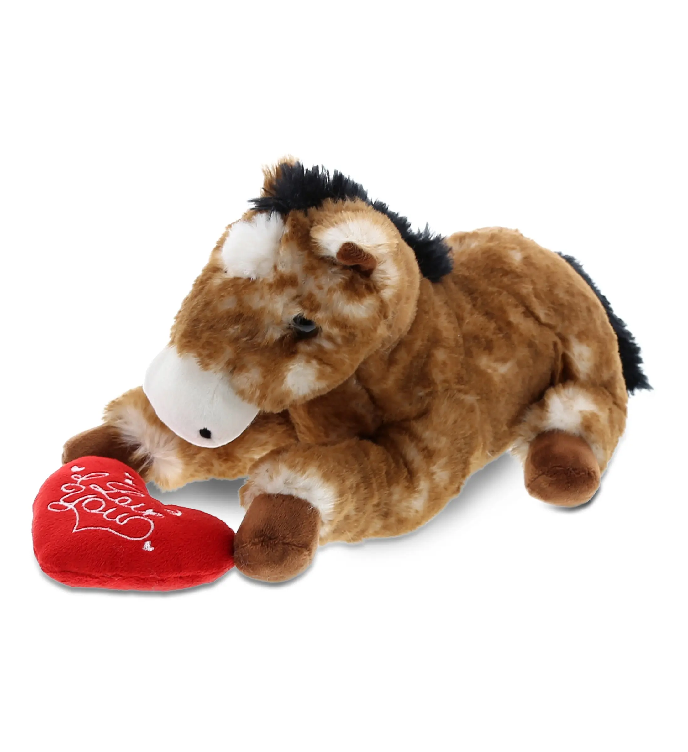 DOLLIBU Soft Adorable Stuffed Lying Brown Horse Doll - Polyester Collectibles Toy with Red "I Love You" Heart, 7x3.5x0.2in, Romantic Gift for Adults to Kids, Birthday/Bedroom Decor, Boyfriend Anniversary Present, Pretend Play Mascot