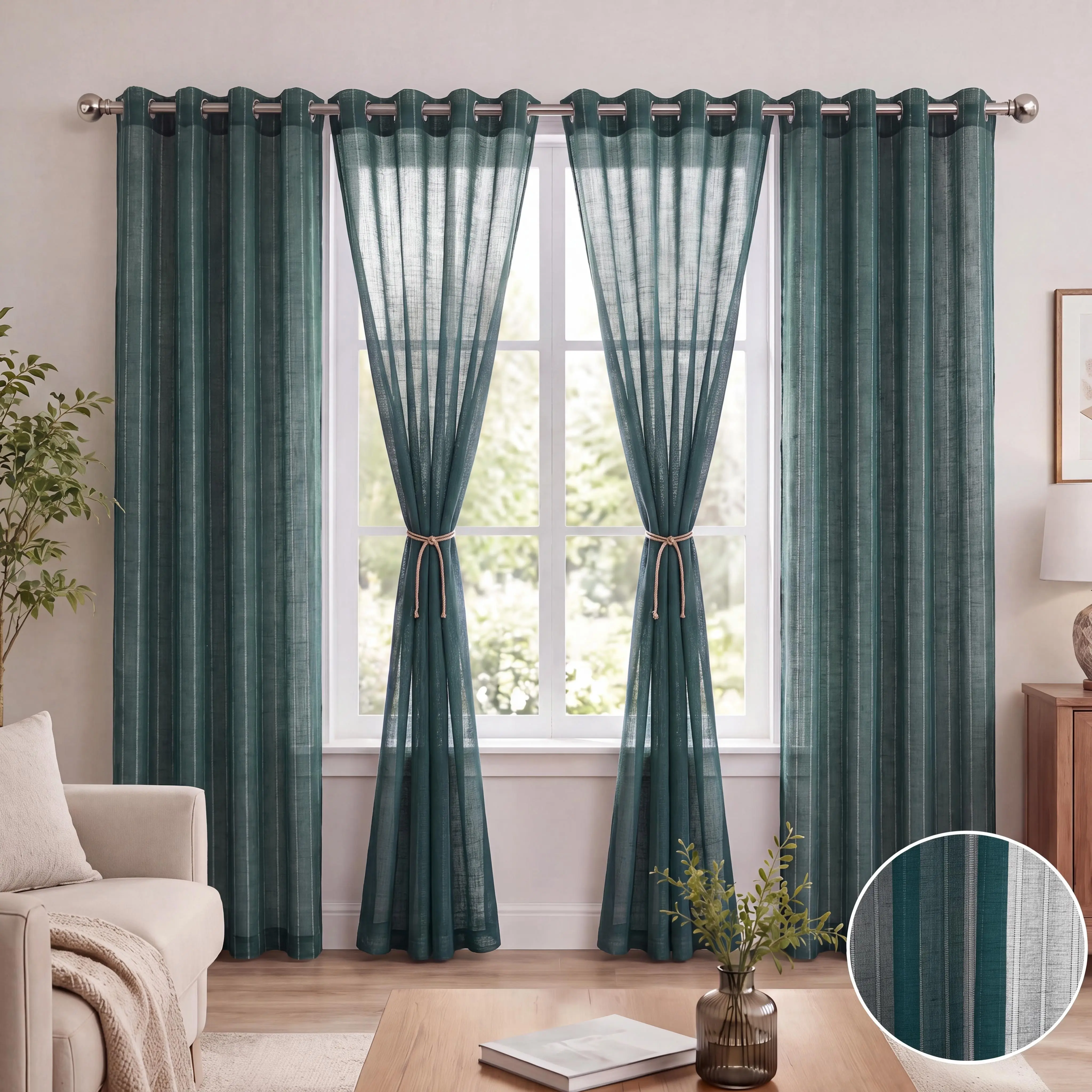 4 Pcs 52x84 in Stretch Bamboo Gauze Sheer Curtains, Grommet-Top Grommet Curtains, Delicate Hollow-Out Stripes, Light Filtering, Lightweight Solid Color No Drill Home Decoration for Bedroom, Living Room FT6665