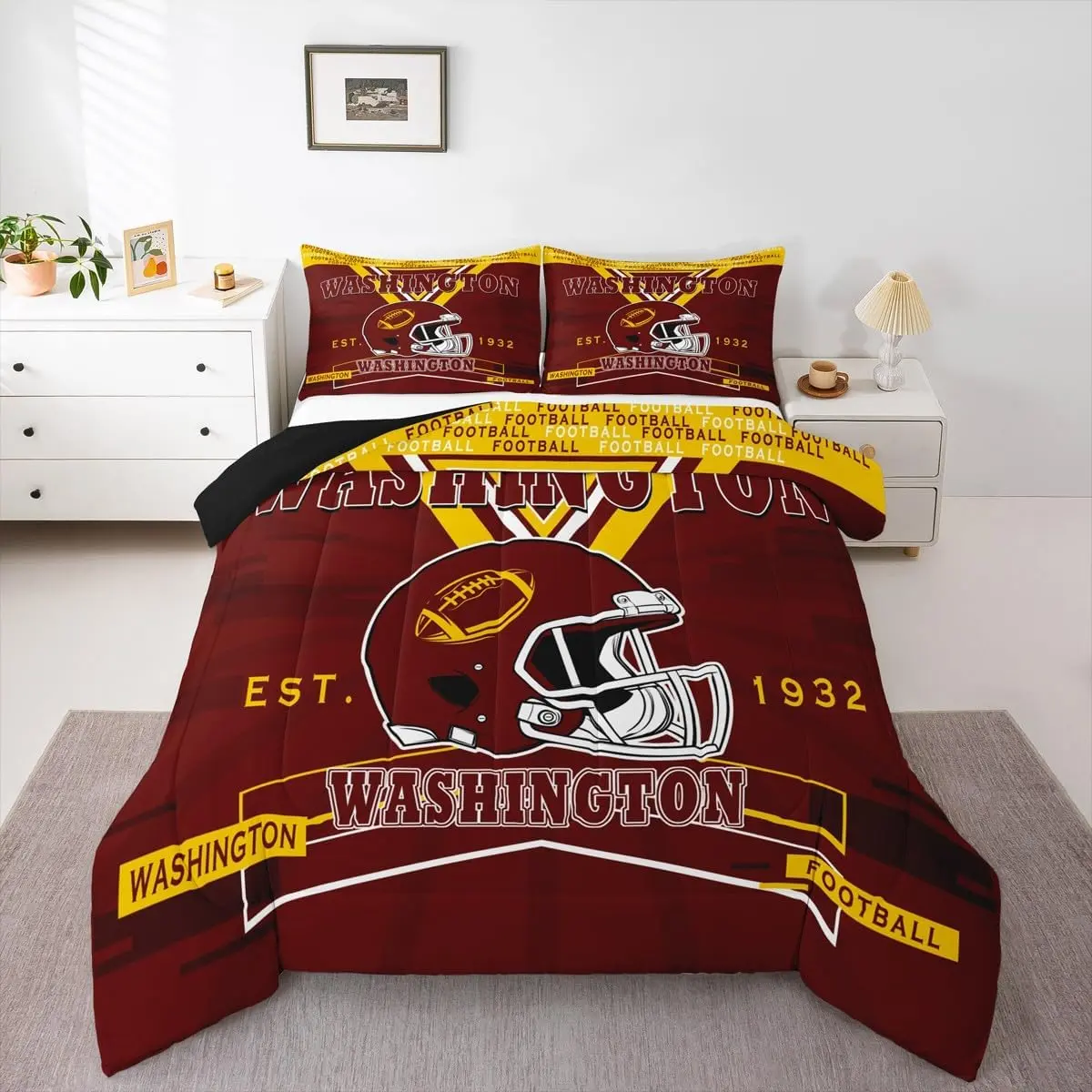 Feelyou Rugby Theme Microfiber Quilt Bedding Set - Reversible Washington City Football Comforter, Breathable All-Seasons Comfy Bedding Sets, Full/King Sizes, Machine Washable Travel-Friendly Sports Decor Cover (Includes Core Bedding Pieces)