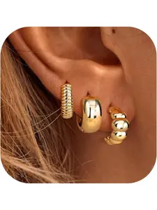 3Pairs Small Hoop Earrings for Women Hypoallergenic 14K Gold Plated Twisted Huggie Hoop Earring Trendy Thick Open Chunky Hoop Earring Stacks for Multiple Piercing Lightweight Earrings Jewelry Huggie Earring Pack