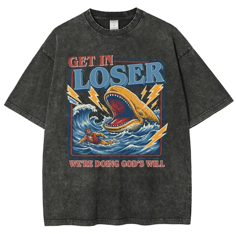 Jonah and the Whale Christian Streetwear Tee | Oversized Mineral Washed Graphic T-Shirt | "Get In Loser" Faith Humor | Religious Gift for Men & Father's Day | Summer Faith Apparel