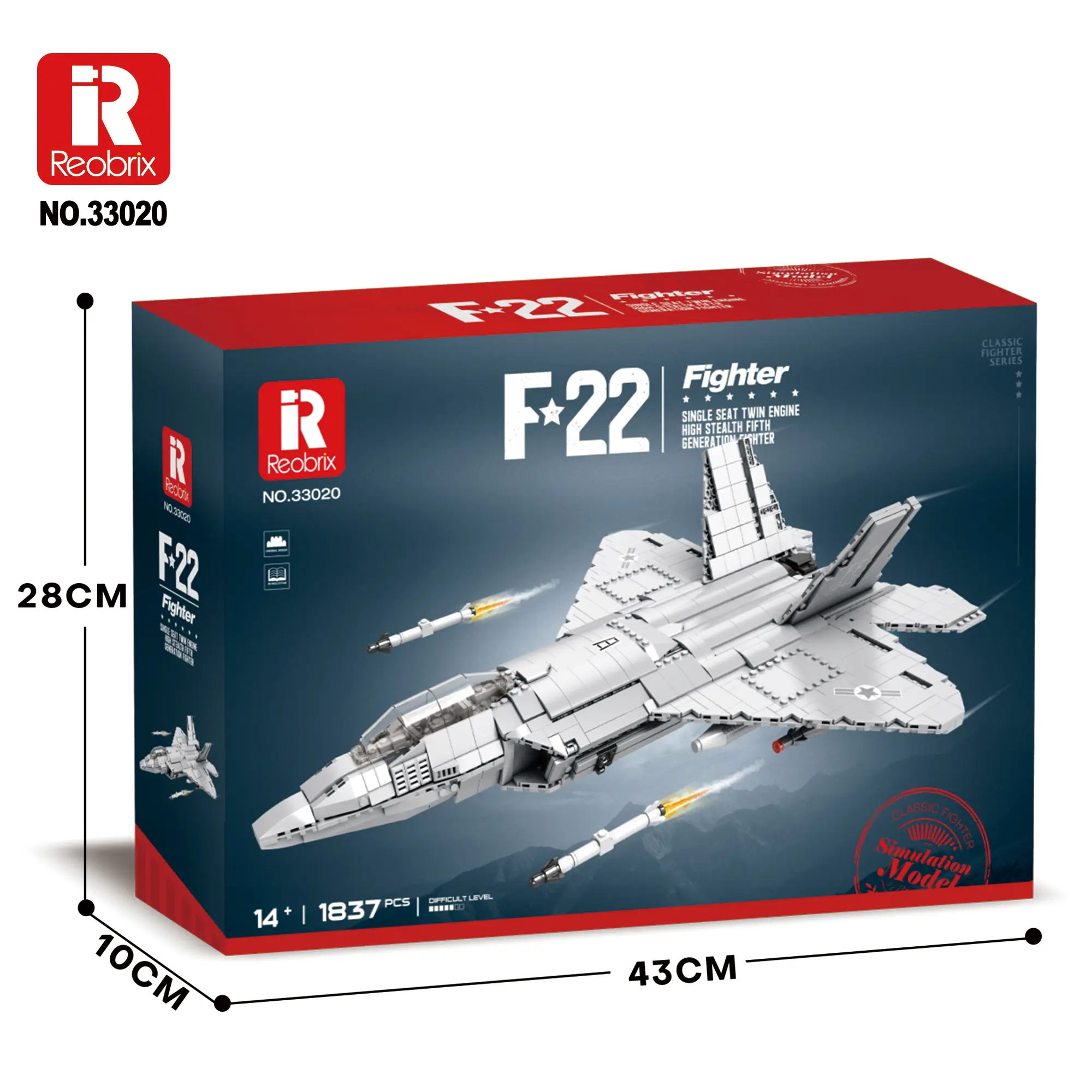 Reobrix 33020 F-22 Raptor Military Fighter Jet Building Block Model, 1729-Piece BPA-Free Technical Model Aircraft Collectibles for Aviation Fans 14+ (Toys Gifts for Boys Girls)