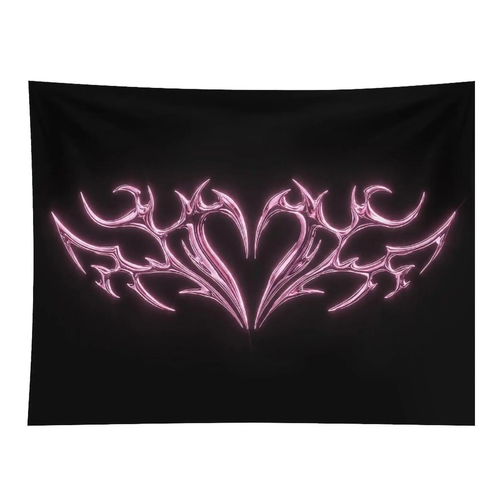Y2K Gothic Pink Chrome Tribal Heart Wing Shape Shiny Neon Glow Dark Background Wall Tapestry For Modern Teen Room Wall Decor