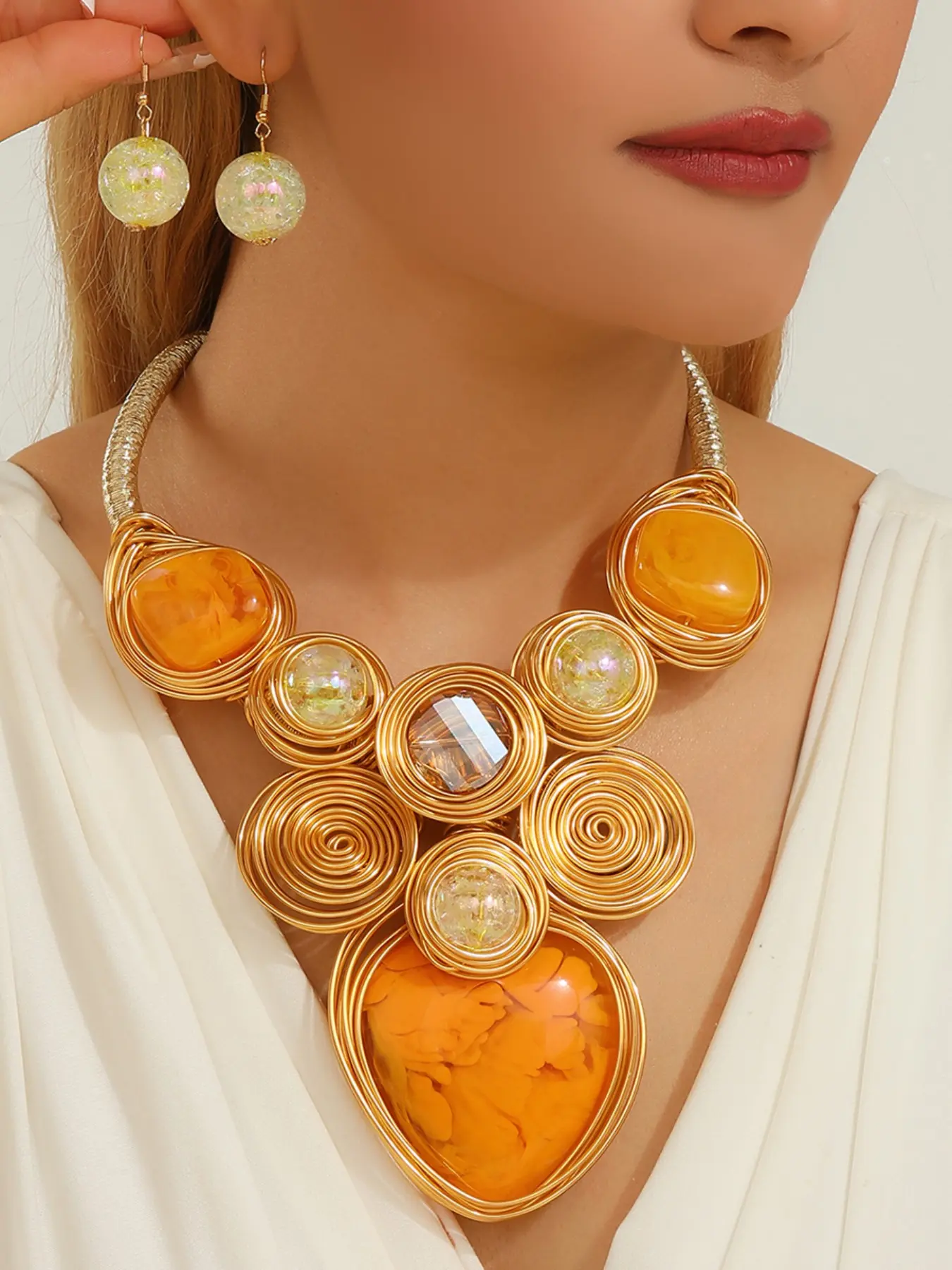 Handmade Colorful Aluminum Wire Embedded Imitation Crystal Necklace and Earrings, Unique Fiber Rope Jewelry Set, Elegant Accessories for Women