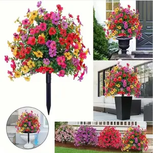 6-Color Artificial Flowers with Built-in Ground Stake, Plastic Faux Daisy Flowers with Eucalyptus Leaves for Outdoor Indoor Garden Home Decor, Fake Greenery Plants for Porch Patio