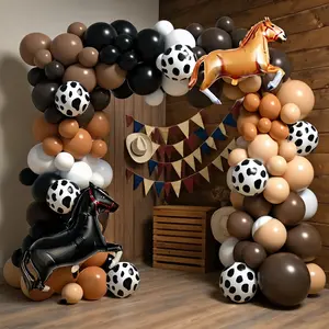 Western-themed Party Balloon Arch Garland Kit - 134Pcs Set Of Vintage Cowboy-Themed Decorations, Including Black, Brown, And White Balloons, Tan Balloons, Polka Dot Balloons, And Vintage Horse Foil Balls, Suitable For Birthday Parties