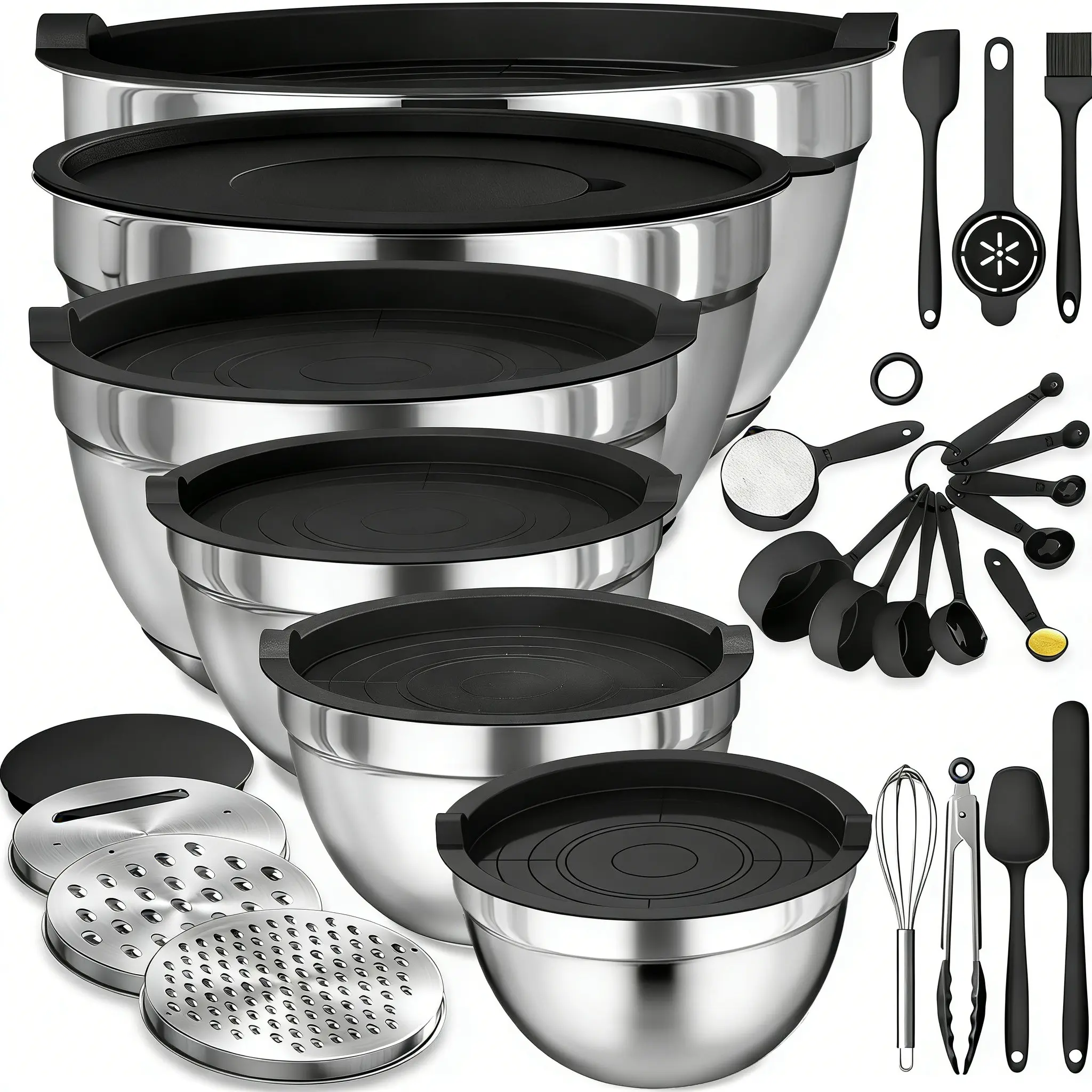 21PCS Stackable Stainless Steel Nesting Mixing Bowls Set with Lids, Graters, Whisk - Camping Picnic Kitchenware Bakeware Utensil Kit, Baking Supplies, Steel Bowls Handle Busy Kitchen Life, 21-Pieces Covers Prep