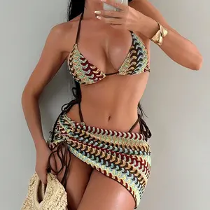 2026 New Striped Knit 3-Piece Bikini Set - Beach Vacation Swimwear with High-Waisted Thong, Sexy Crochet Design, Custom Fit