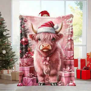 Highland Cow Christmas Throw Blanket, Festive Flannel Quilted Digital Print, Polyester, Cozy All Season Multipurpose Blanket For Home, Office, Travel, Nap, Camping - Highland Cows With Santa Hats Pattern - Great Holiday Gift For Friends & Family