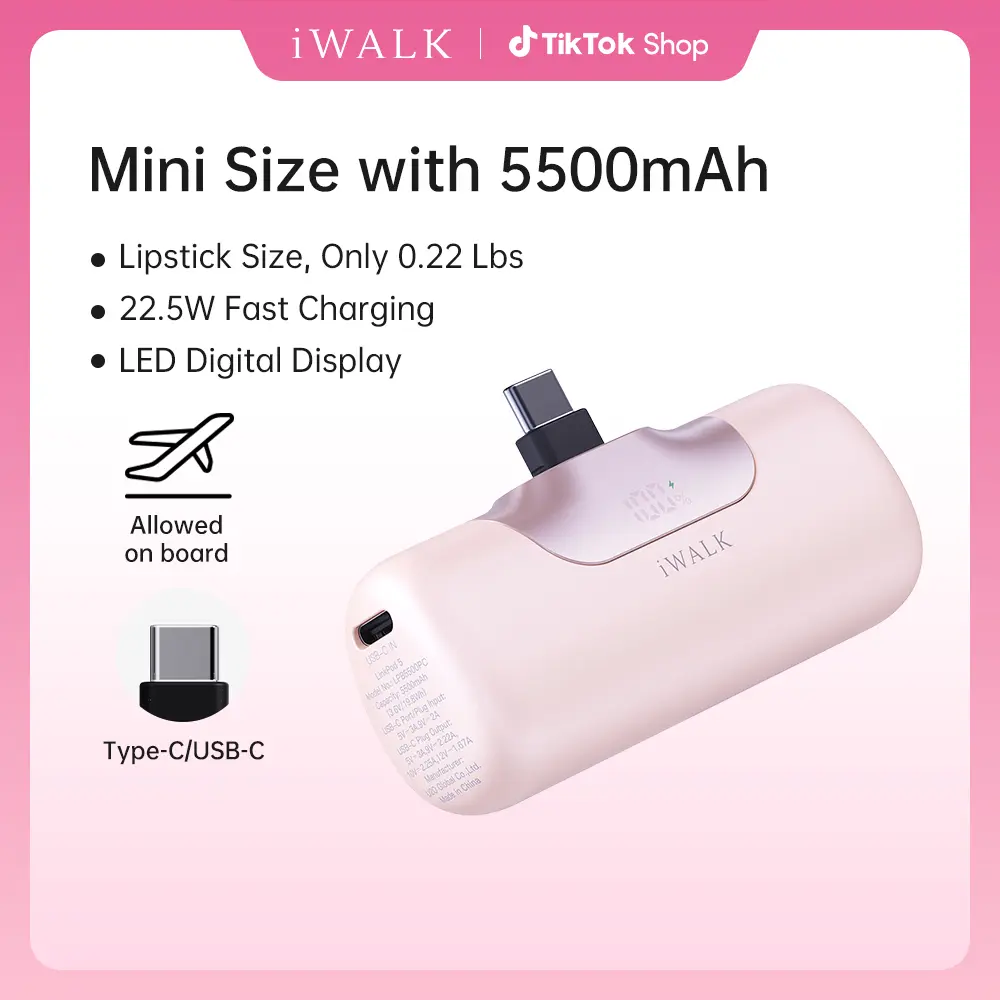 iWALK 5500mAh Mini Power Bank Charger - 22.5W PD USB-C Fast Charging, Magnetic Plug, Digital Display, Built-in Cable, USB-C Input, for iPhone 17/16/15 Pro Max, Samsung S24/S23, Magnet Power Banks, Mini Useful Items, Outdoor Use