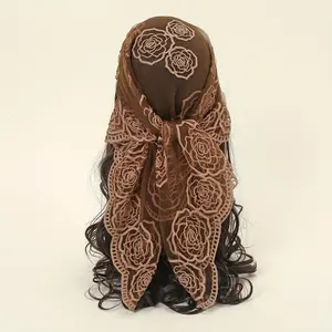 31.5" Breathable Lace Square Scarf, Elegant Floral Embroidered Bandana Boho Shawl Outdoor Windproof Head Wrap Accessories