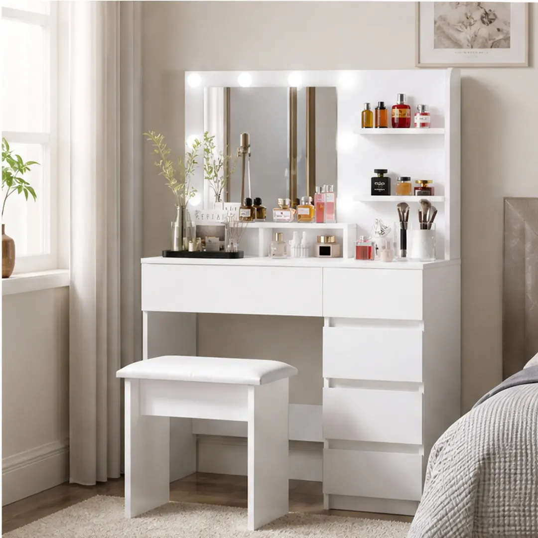 ARCH Hollywood Makeup Vanity Desk Set with Mirror, LED Lights, 4 Drawers, Extra Deep Storage & Stool, 3 Color Lighting Modes, Adjustable Brightness, Modern Particle Board+MDF Bedroom Furniture, Multiple Color Options, Hollywood Makeup Vanities, Makeup Org
