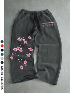 Men's Casual Sporty Long Pants, Sakura Pattern Print, Drawstring Wide Leg, Loose-Fitting, All Seasons, Graphic Style