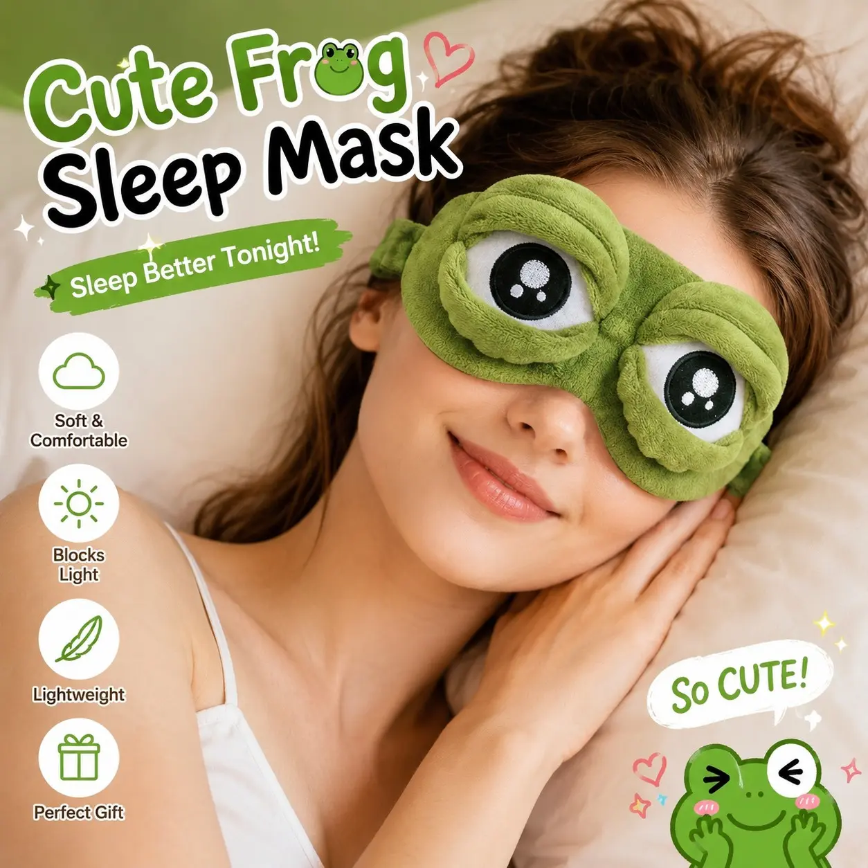 Cute Frog Sleep Mask, Funny Plush Eye Mask for Women, Soft Light Blocking Sleep Mask, Comfortable Nighttime Accessory, Perfect Gift, Eyemasks for Sleeping