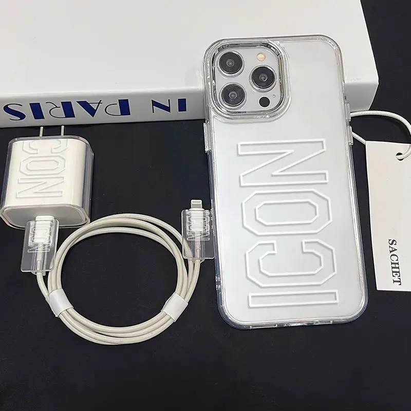 5 Piece Set Metal Frame Transparent Simple Letter Phone Case, Charger Head Cover, Cable Protector, Storage Rope for iPhone 15/16 Series