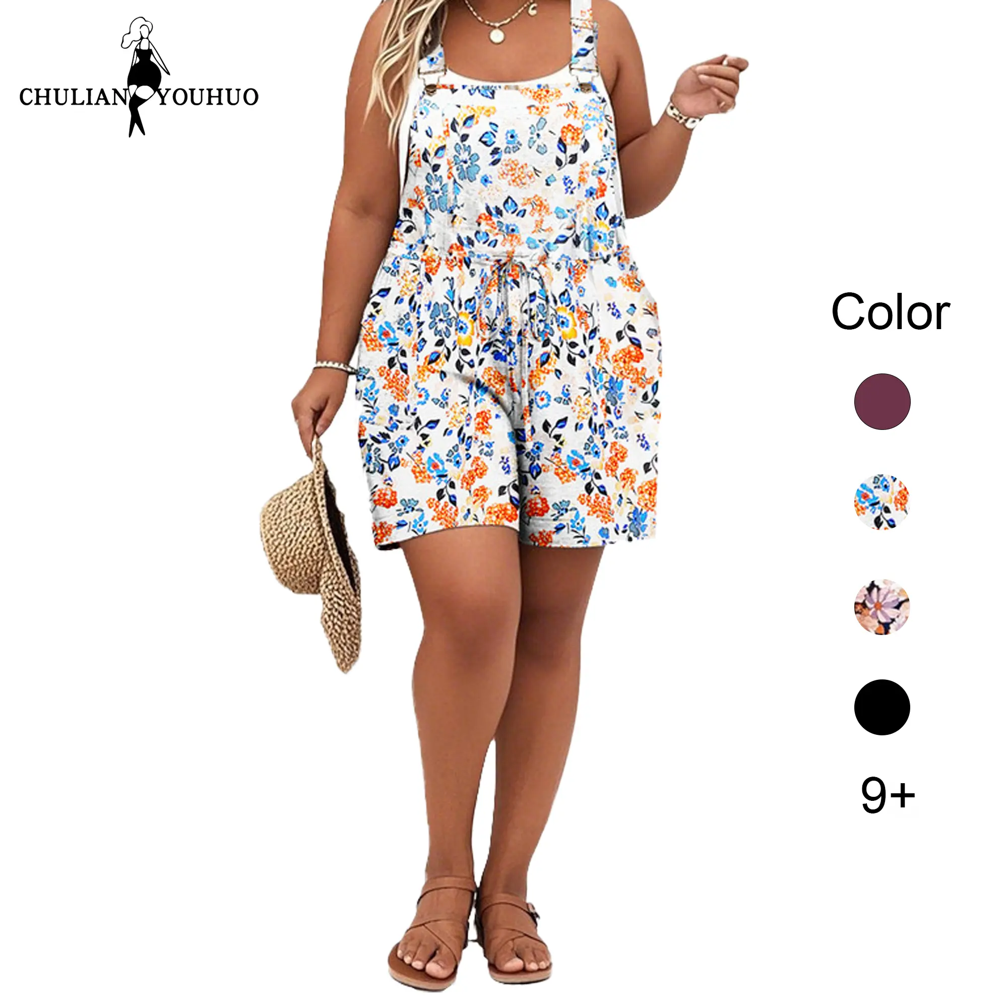 Chulianyouhuo Women's Plus Size Rayon Spandex Romper, Casual Sleeveless Bohemian Style with Adjustable Straps and Wide Leg Shorts, Polyester, Garment, Strappy, Women's Clothes, Plussize, Overalls, Drawstring
