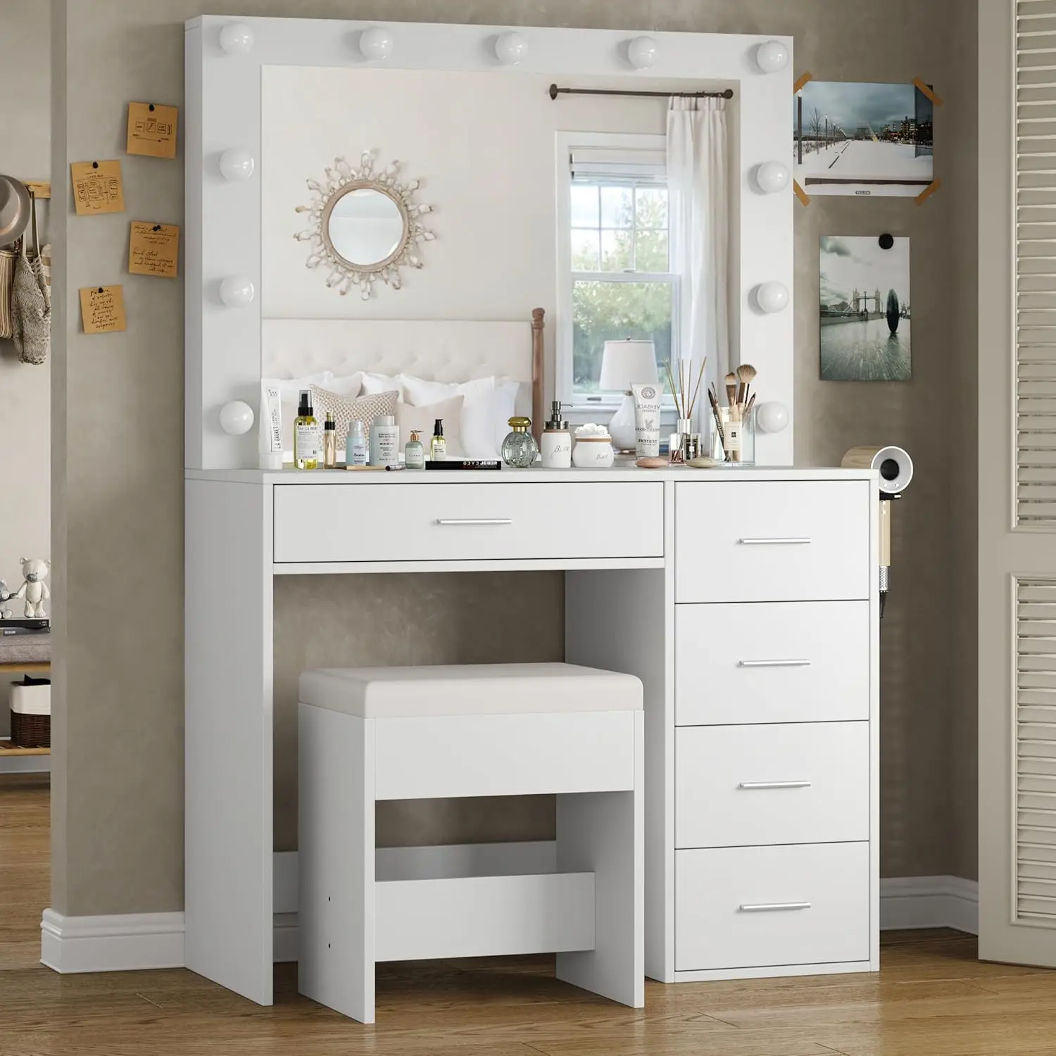 FUSOU 37"W 5 Drawers Vanity Desk with Power Outlet, 3 Color Lighting Modes, Makeup Table with Lighted Mirror, Vanity Table Dressing Table Set tabitha modern power outlet,Deals For You Days