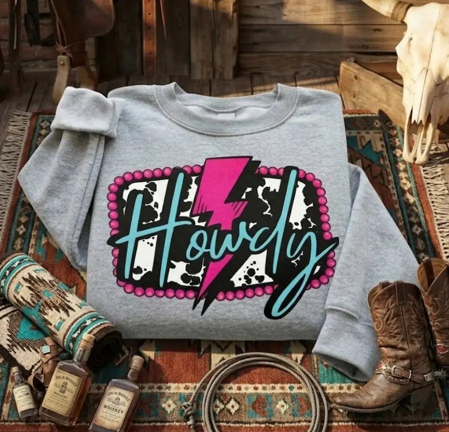 Howdy neon cow print Crewneck & T-shirt, Western cowboy Graphic Hoodie, Trending western Graphic Hoodie, western boutique clothing, Handmade, western clothing