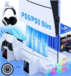 PS5 Slim Stand Cooling Station with PS5 Controller Charger for Playstation 5/Slim Console, PS5 Accessories Vertical Stand Incl.3 Levels Cooling Fan,Light,Headset Holder,14 Game Slot