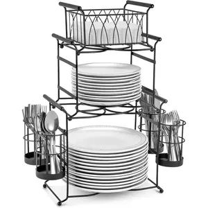 Buffet Caddy - 7-Piece Stackable Set Includes Plate, Napkin, and Silverware Holder, 3-Tier Detachable Tabletop Organizer Ideal for Kitchen Dining Entertaining Parties Thanksgiving (Black)